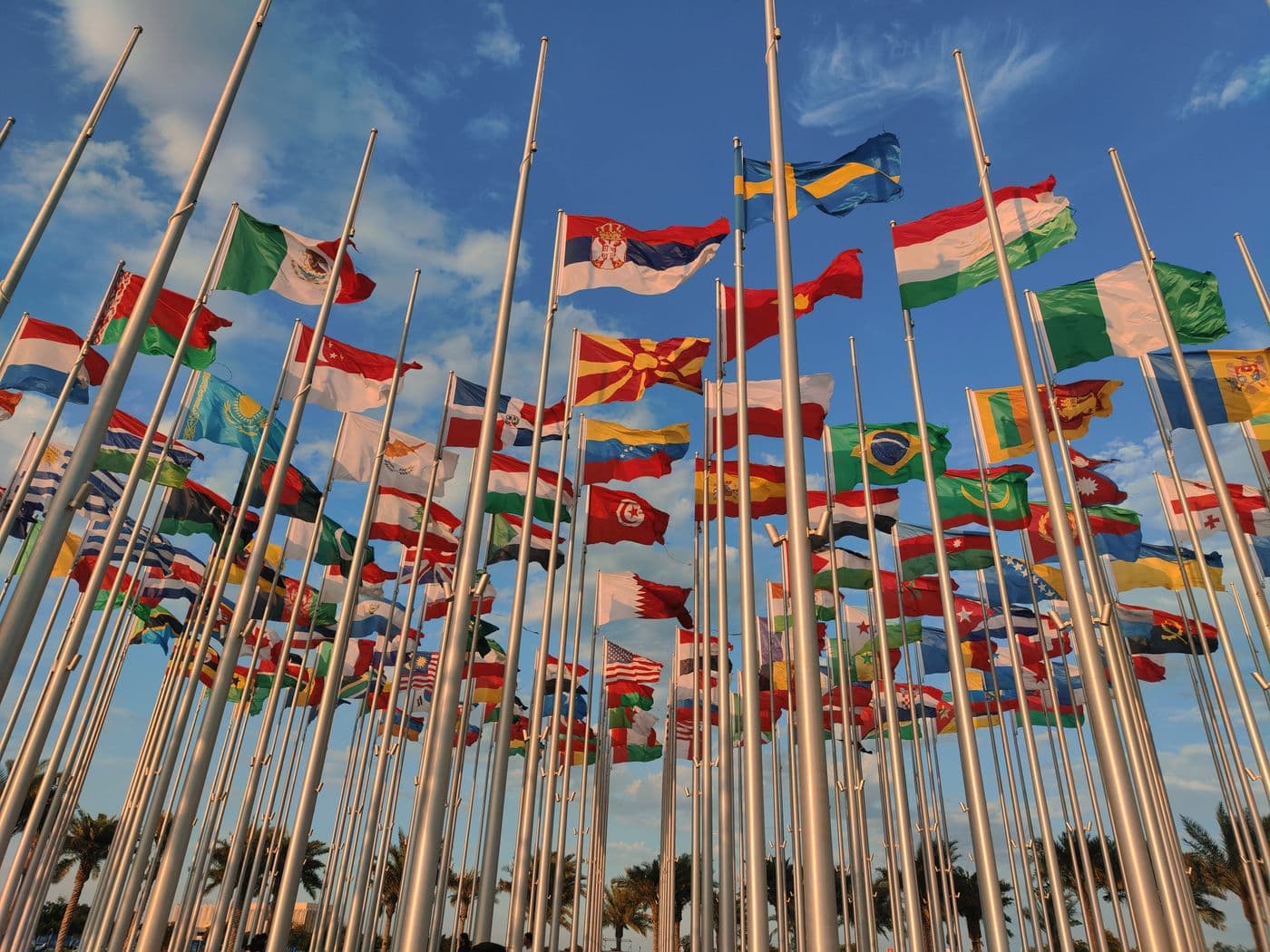 Flags of many nations flying from a bank of flagpoles against a blue sky